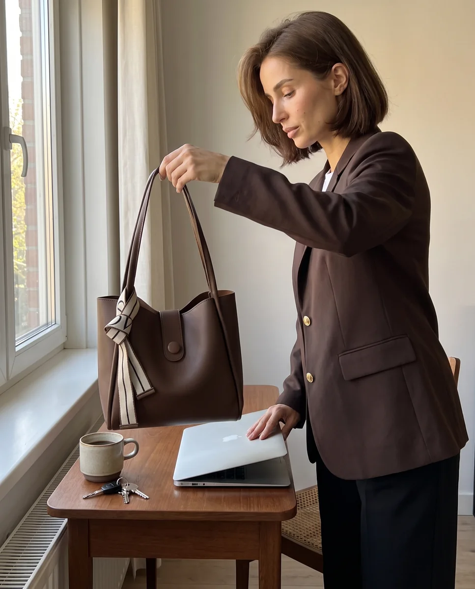 At the desk with the Everyday Tote in Espresso