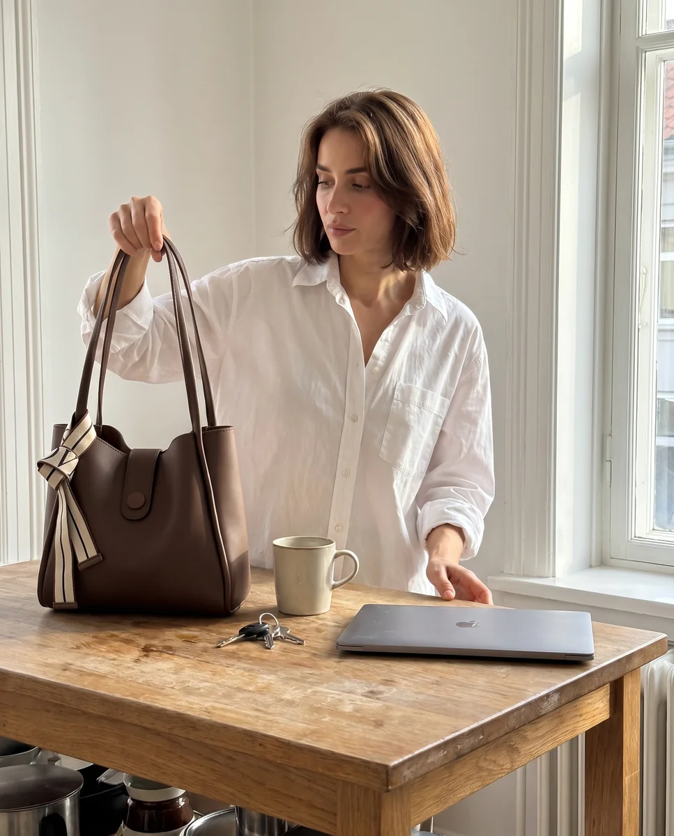 Morning kitchen with the Everyday Tote in Espresso
