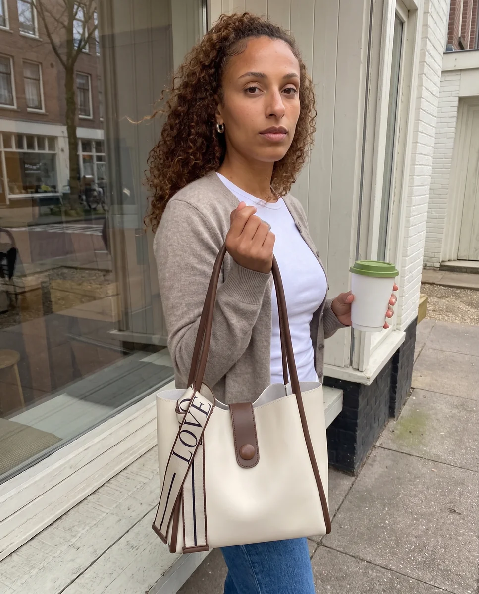 A neighbourhood café stop with the Everyday Tote in Bone