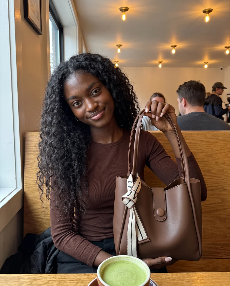 A café booth with the Everyday Tote in Espresso