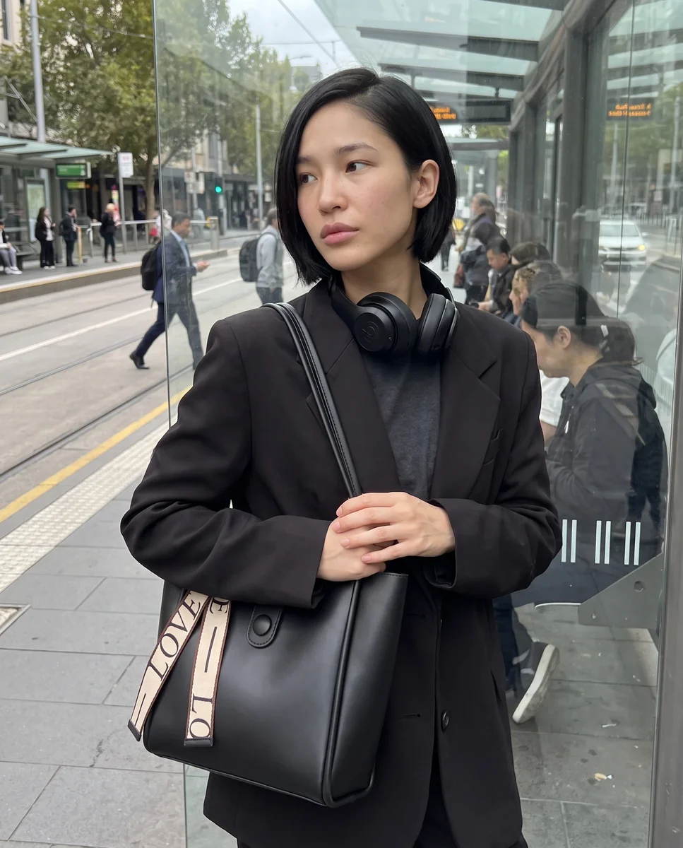 Waiting at the tram stop with the Everyday Tote in Noir