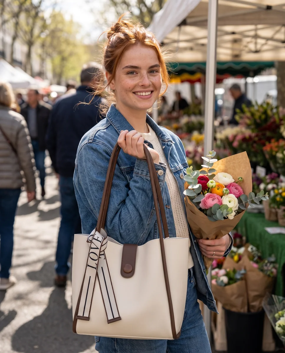 At the flower market with the Everyday Tote in Bone