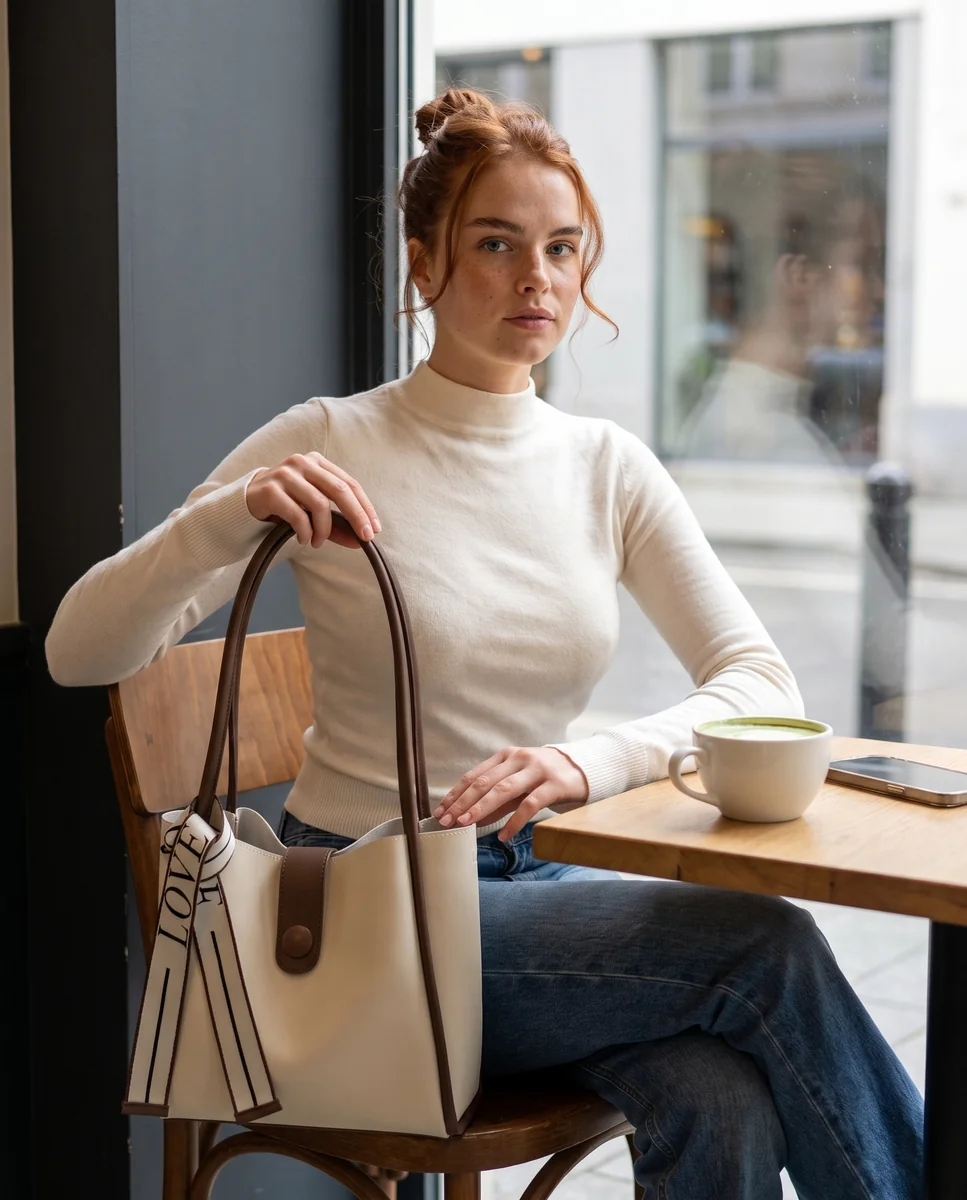 A weekend café table with the Everyday Tote in Bone