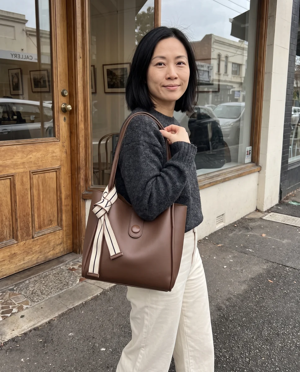 A gallery café afternoon with the Everyday Tote in Espresso