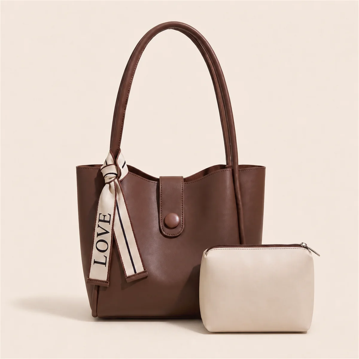 One Espresso Everyday Tote with its LOVE-print scarf and one Bone Mini Pouch