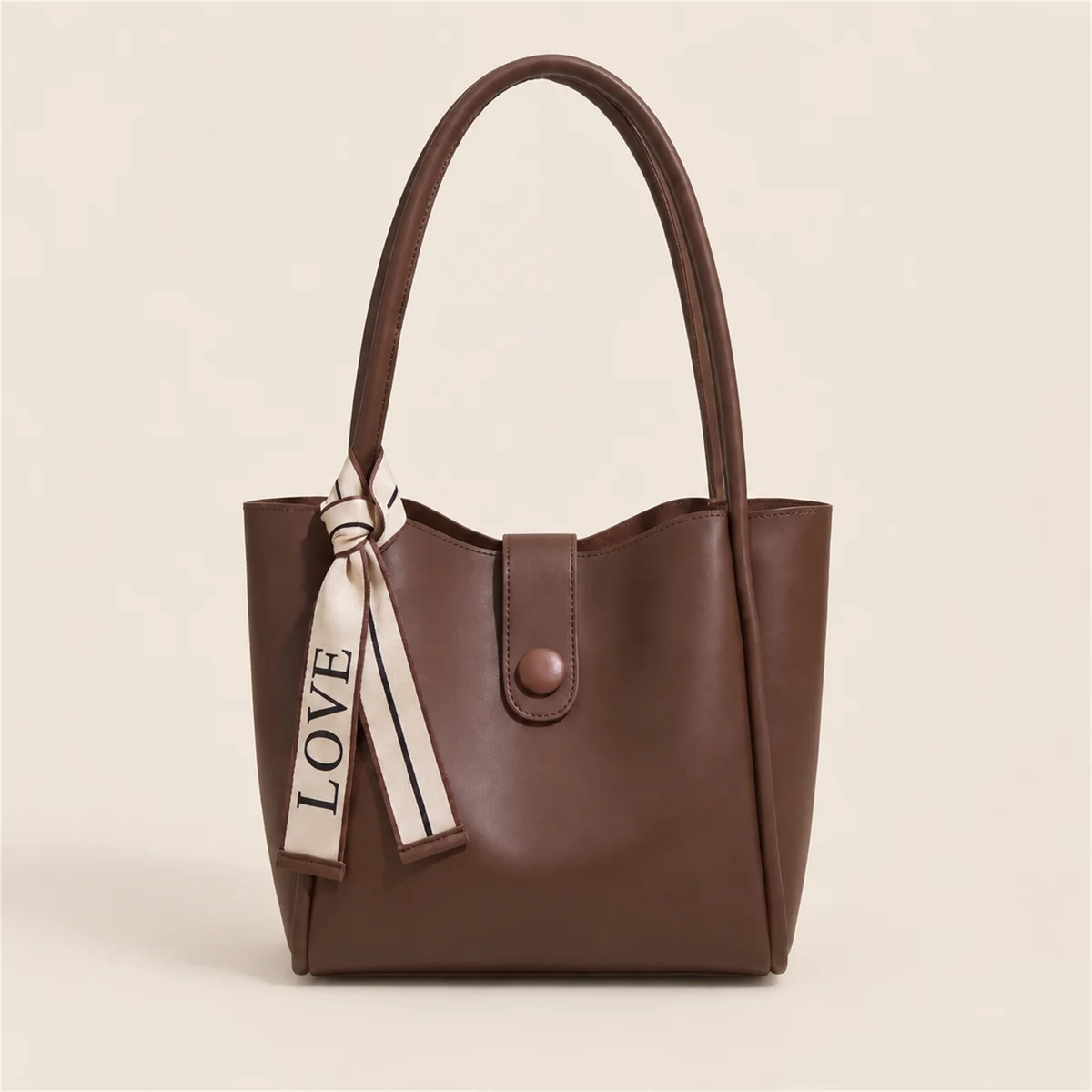 The Everyday Tote in Espresso, with its LOVE-print scarf