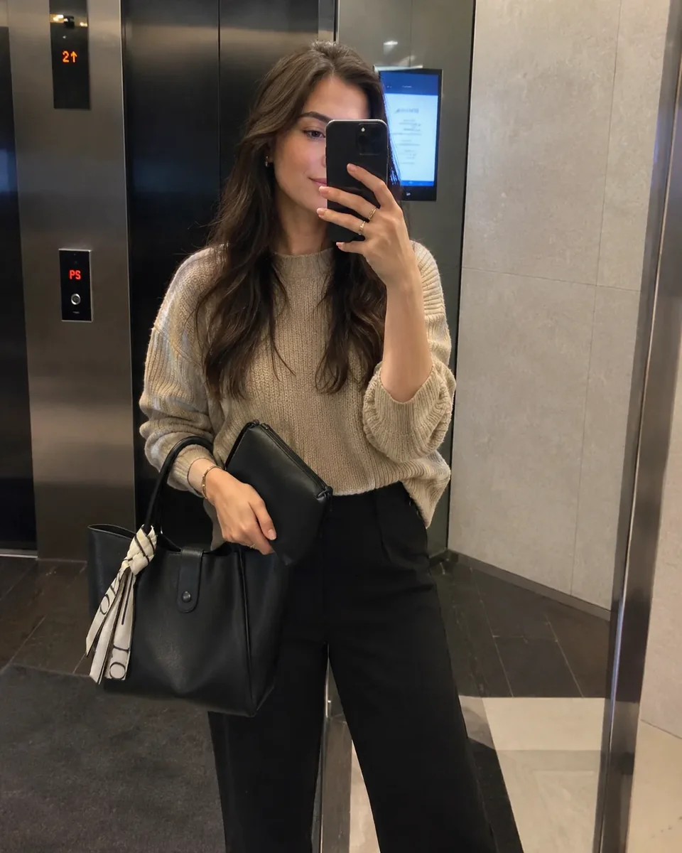 The Everyday Tote and Mini Essentials Pouch in Noir, styled for the office